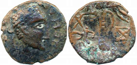 Kushans, Kujula Kadphises, Copper Drachma,1.86g, Obv: Degenerate Bust of king, copying the