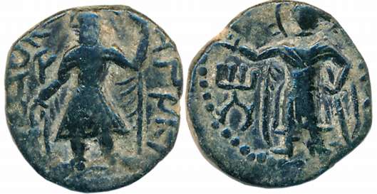 Kushans, Kanishka, Copper, 3.02g, Obv: King standing to left offering to fire alter, Rev: 