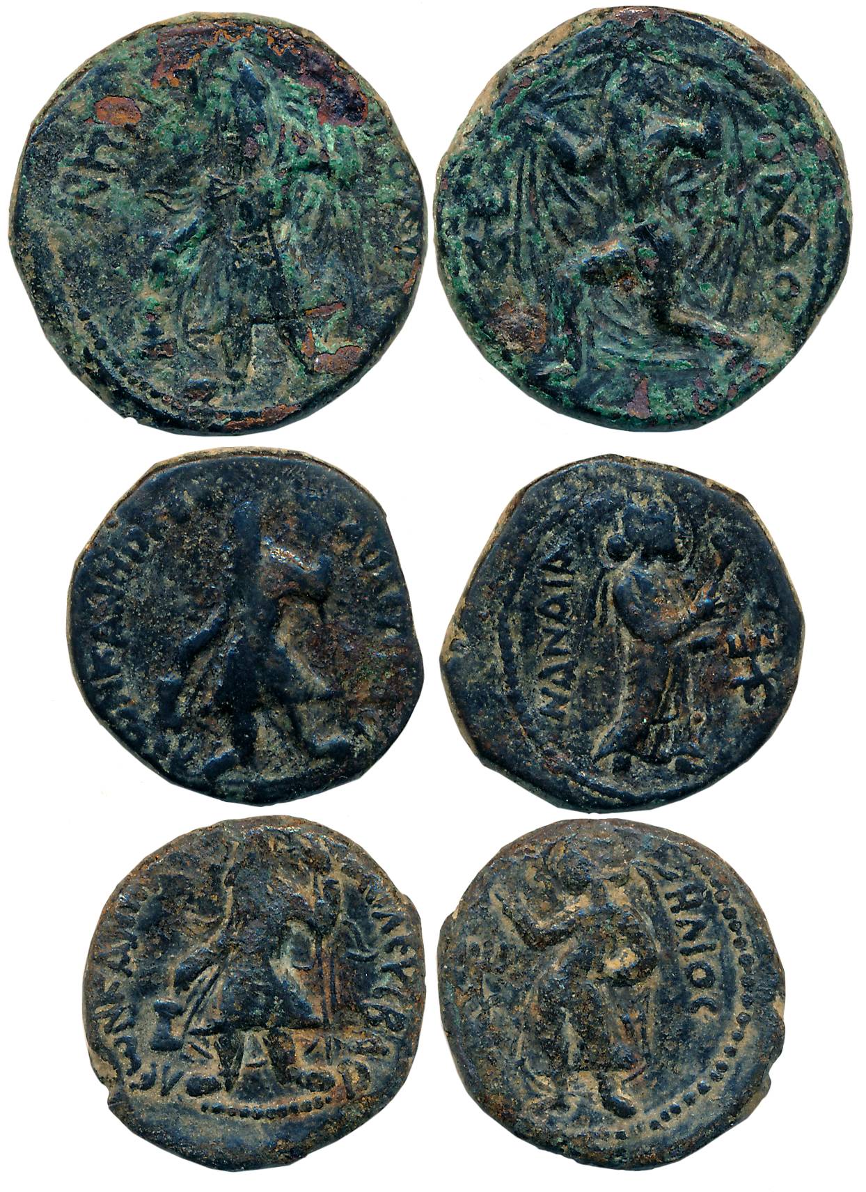 Kushans, Kanishka, Copper (3), 15.44g, 8.24g, 7.06g, Obv: King standing to left offering t