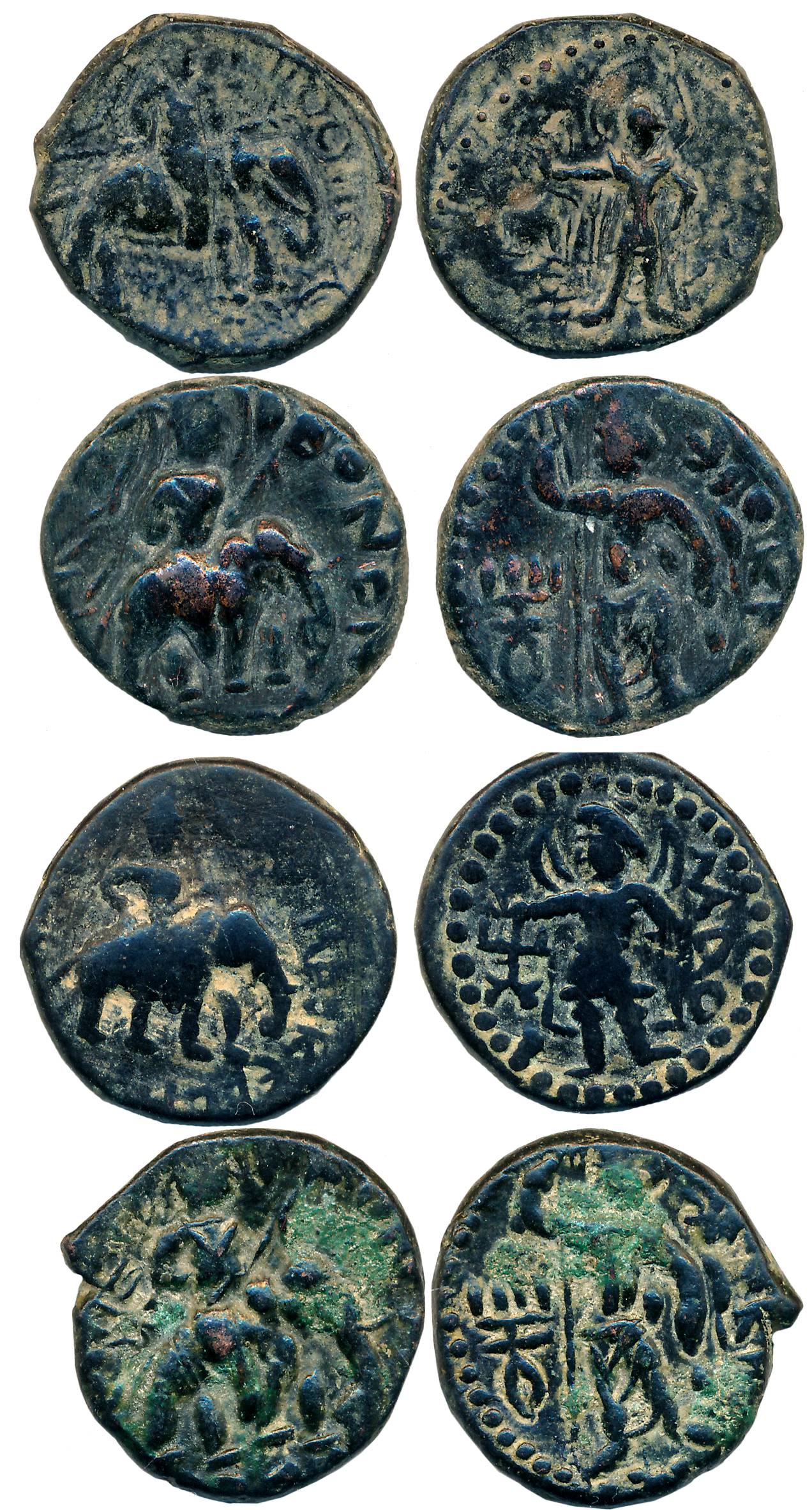 Kushans, Huvishka, Copper (4), 12.28g, 12.15g, 10.88g, 10.50g, “Elephant rider” type, Obv: