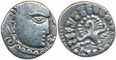 Guptas, Kumara Gupta, Silver Drachma, 2.20g,'Peacock-Madhyadesha' type, Obv: Profile bust 