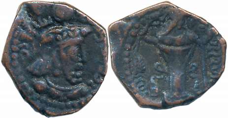KushanoSasanians, Varahran I Kushanshah, Copper Drachma, 1.84g, Obv: Bust of king wearing 