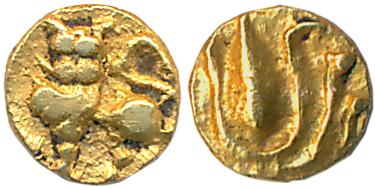 Hoysalas of Dwarasamudra, Gold 1/4 Fanam, 0.09g, Obv: Lion standing left facing front with