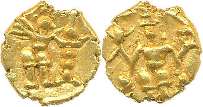 Hoysalas of Dwarasamudra, Gold Fanam, 0.41g, Obv: Garuda stretching left hand, lamp stand 