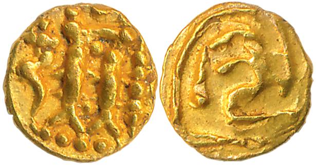 Alupas of Udupi, Gold Fanam, 0.38g, Obv: Two stylised Fishes- Meena Lanchana above, Lotus,