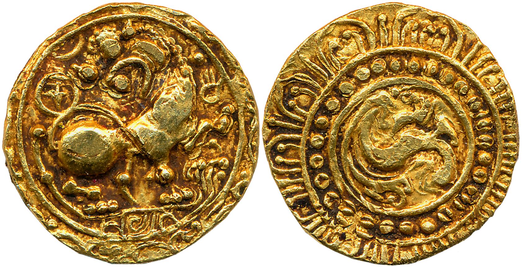 Kadambas of Hangal, Toyimadeva, Gold Varaha, 4.23g, Obv: Lion advancing right with its hea