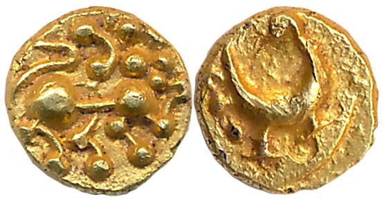 Kadambas of Hangal, Gold Fanam, 0.38g, Obv: Lion walking to right facing back, Rev: Peacoc