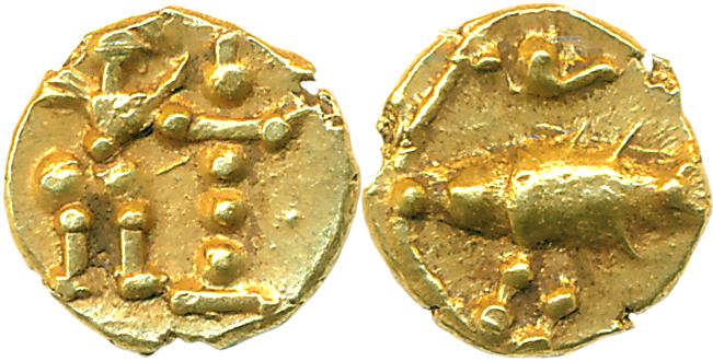 Kadambas of Nagarkhanda, Gold Fanam, 0.40g, Obv: Garuda standing facing right to a lamp wi