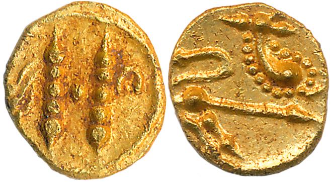 The Shantaras, Gold Fanam, 0.39g, Obv: Stylized Lion facing right, Rev: Fly Whisk and Anku