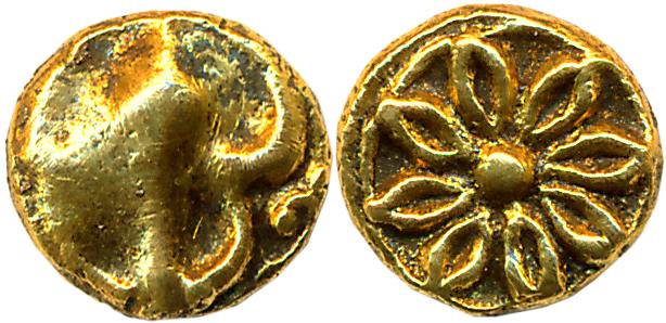 Shilaharas of Karad, Gold Fanam, 0.52g, Obv: Trident, Rev: Eight petaled Lotus. Very fine,