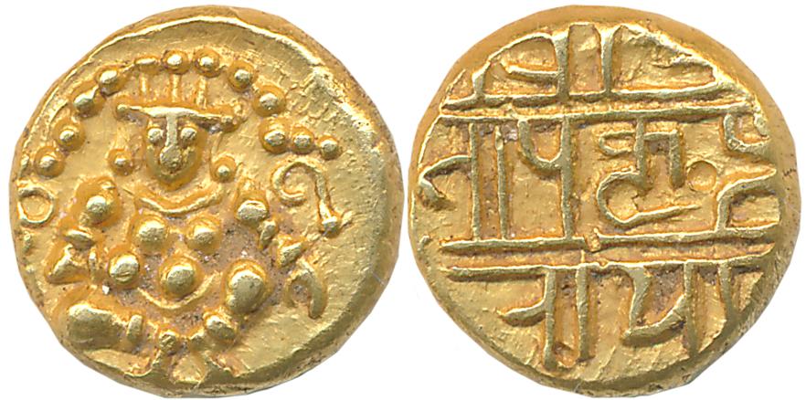 Vijaynagar Empire, Krishnadevraya, Gold 1/2 Varaha, 1.68g, Obv: Lord Balakrishna seated fa