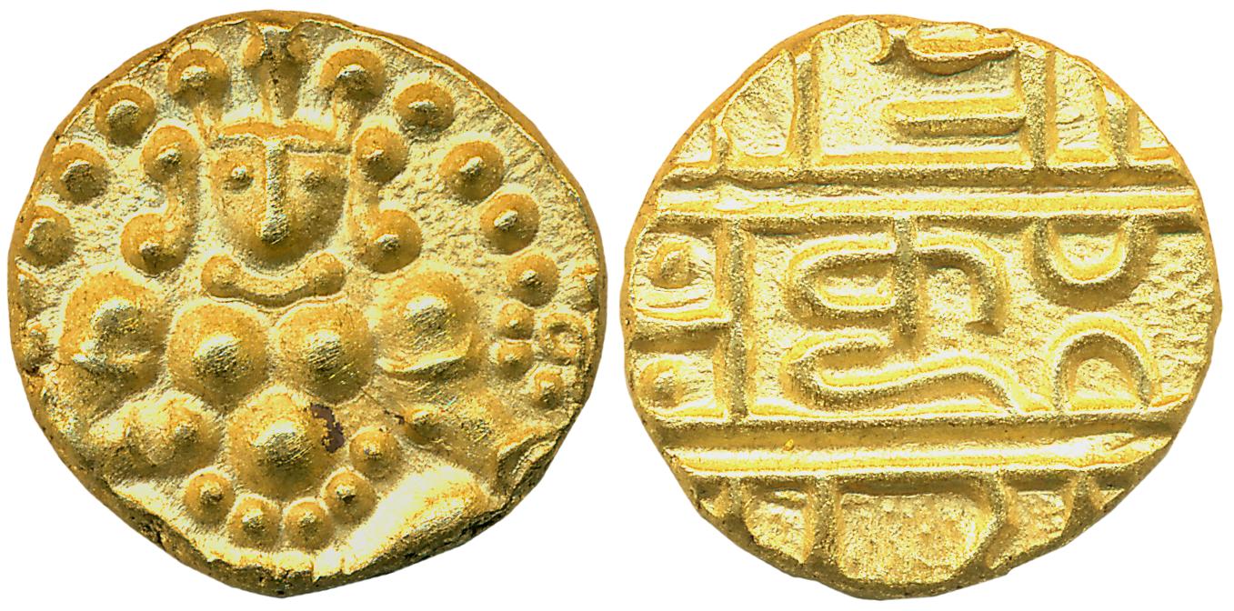 Naykas of Chitradurga, Gold Durgi Varaha, 3.21g, Obv: Seated Bal Krishna, Rev: Devnagari l