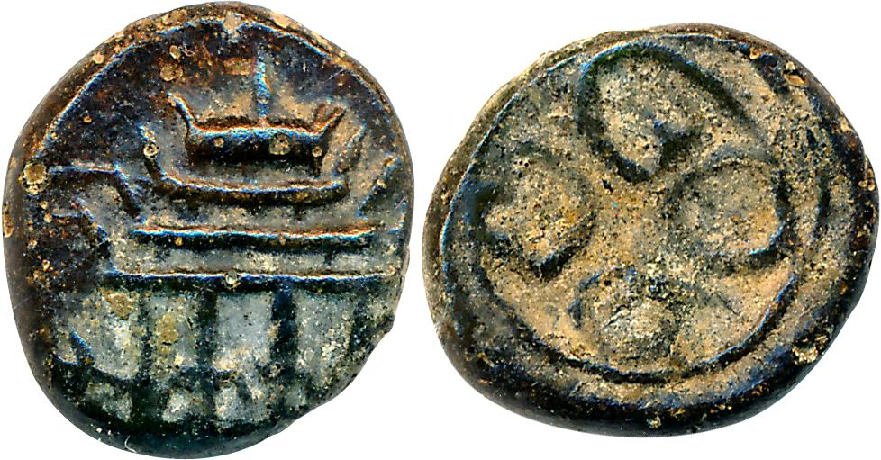 Madurai Nayakas, Copper, 1.20g, Obv: Chariot, Rev: Telugu/ Kannada legend "Ti ru ma la" (K
