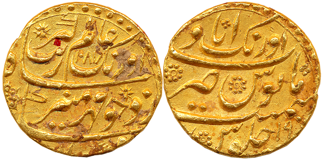 Aurangzeb, Gold Mohur, 10.99g, Aurangabad Mint (Name on top), AH 1087/ RY 19 (KM# 315.10).