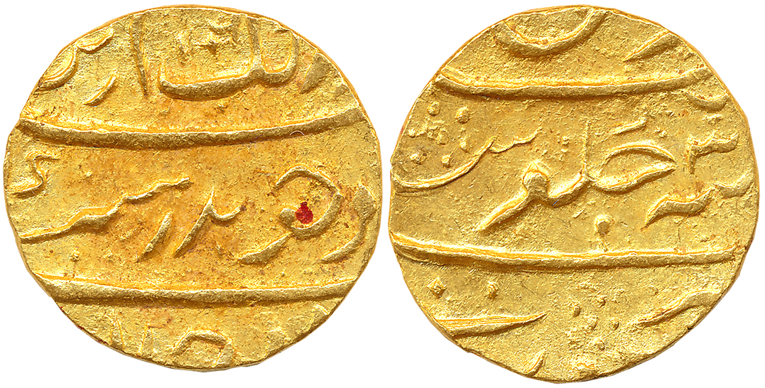 Imitating Mughal Gold Mohur, in the name of Aurangzeb ,11.15g, Surat Mint, AH 1106/ RY 3X 