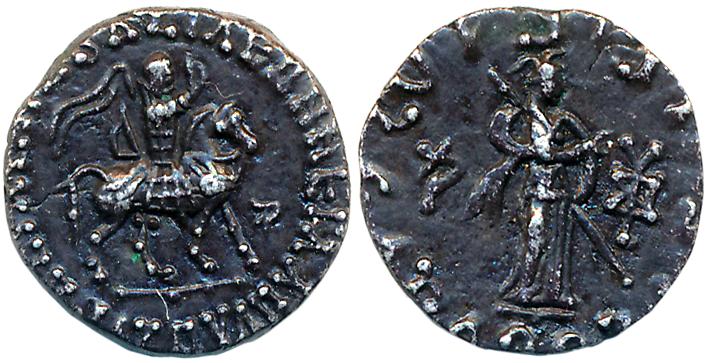 Indo Scythians, Azes, Silver Drachma, 2.09g, Obv: Armored King advancing to right on horse