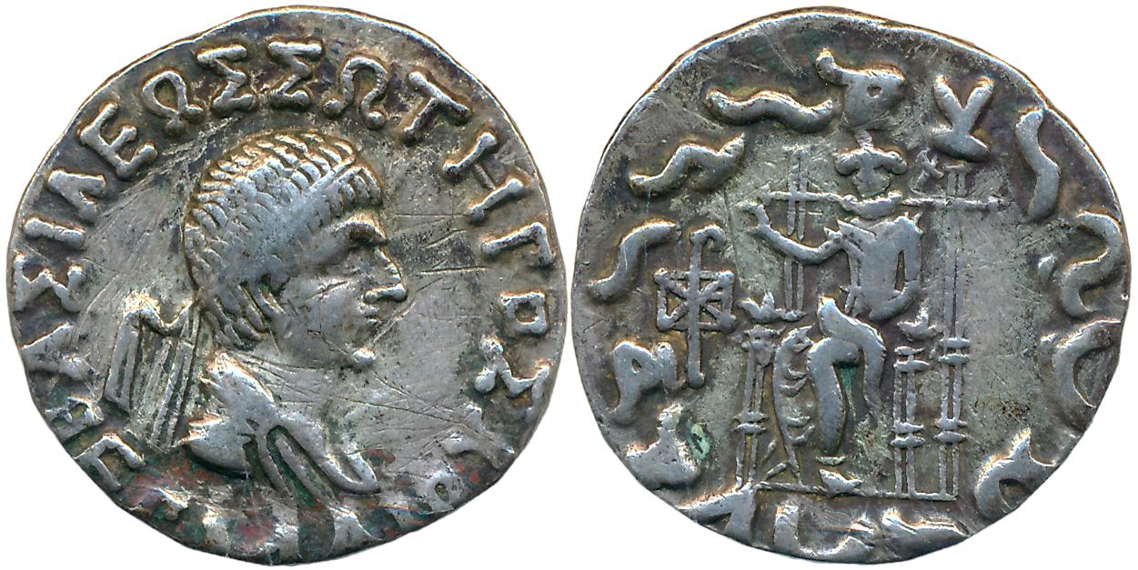 Indo Scythians, Hermaios, Silver Tetradrachm, 9.45g, Obv: Diademed bust of Hermaios to rig