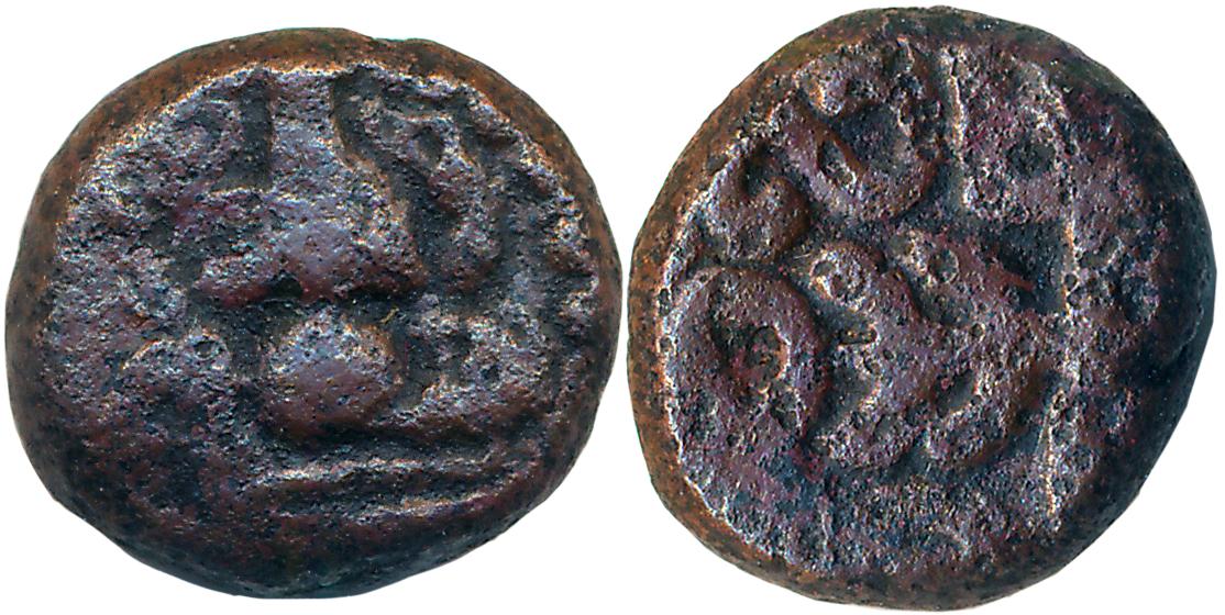 Copper, 2.56g, "Ganesha" type, Obv: Lord Ganesh, Rev: Symbol (K Ganesh# 11.8). Very fine, 
