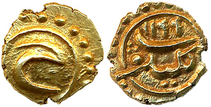 Tipu Sultan, Gold Fanam, 0.38g, Kalikut Mint, AH 1199 (KM# 78). Very fine+.