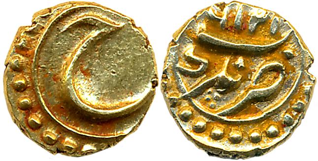 Tipu Sultan, Gold Fanam, 0.38g, Nagar Mint, AM 1216 retro (KM# 58). Very fine+.