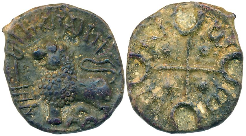 Satavahanas, Siri Satakarni, Alloyed Copper, 3.45g, "Junnar Lion" Type, Obv: Lion standing