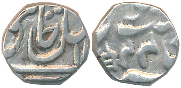 Silver 1/4 Rupee, 2.67g, in the name of Shah Alam II, RY 44, Scimitar & Katar as a mint ma