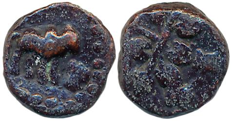 Satavahanas, Paithan Region, Copper, 1.32g, Obv: Bull walking to right, in front of Tree w