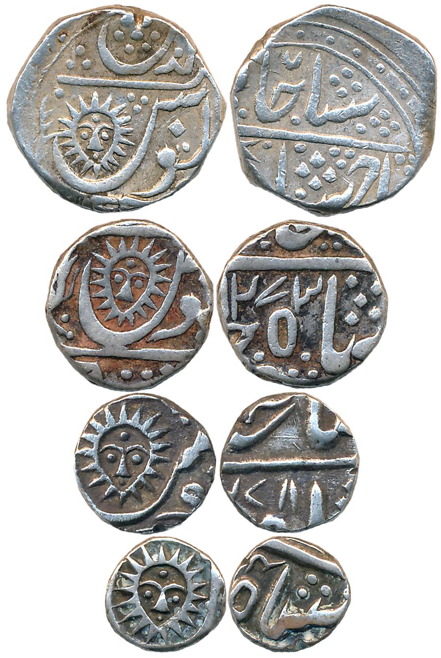 Silver (4), Rupee, 11.20g, 1/2 Rupee, 5.53g, AH 1273, 1/4 Rupee, 2.79g, AH (12)78, & 1/8 R