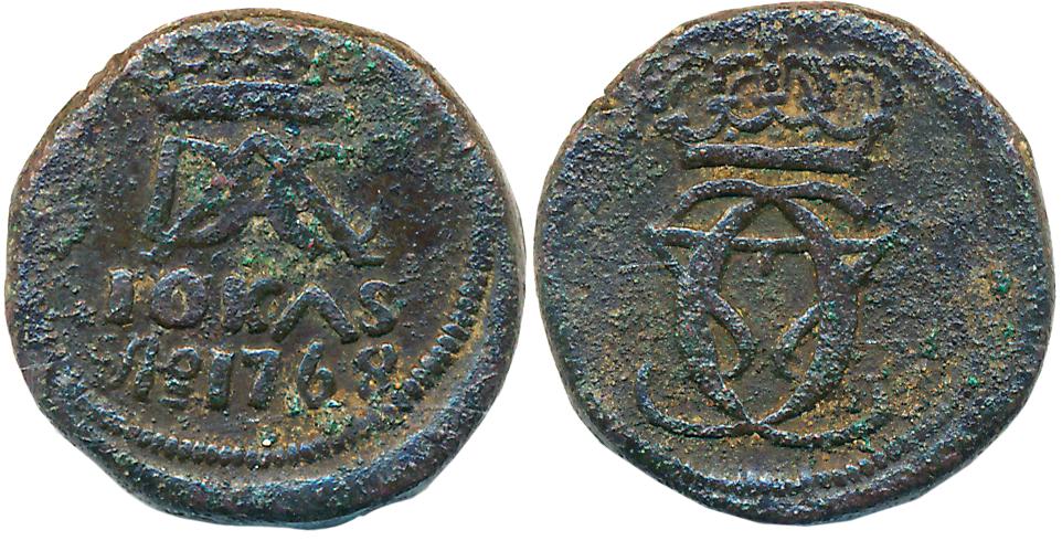 Christian VII, Copper 10 Cash, 6.55g, 1768, Obv: Crown monogram, Rev: Value above date, cr