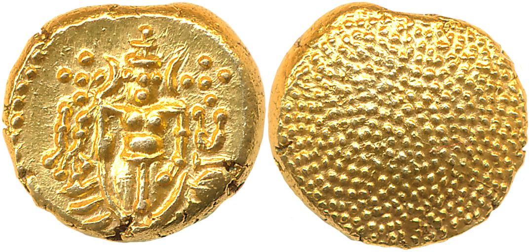 Portonova, Gold Pagoda, 3.39g, Obv: Lord Vishnu standing facing front, Rev: Granulated (KM