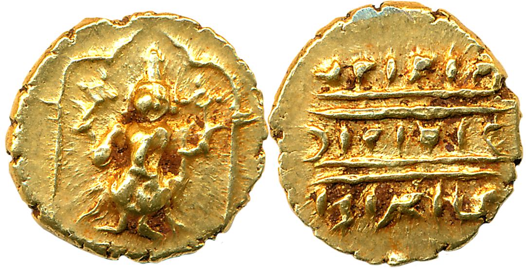 Gold 1/2 Pagoda, 1.73g, Pulicat Mint, Obv: Lord Venkateshwara, standing within a decorated
