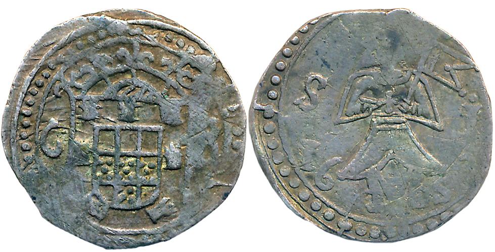 Chaul and Bacaim, D. Joao IV, Silver Tanga, 4.05g, 1653, Obv; Crowned arms, Rev: St. John 