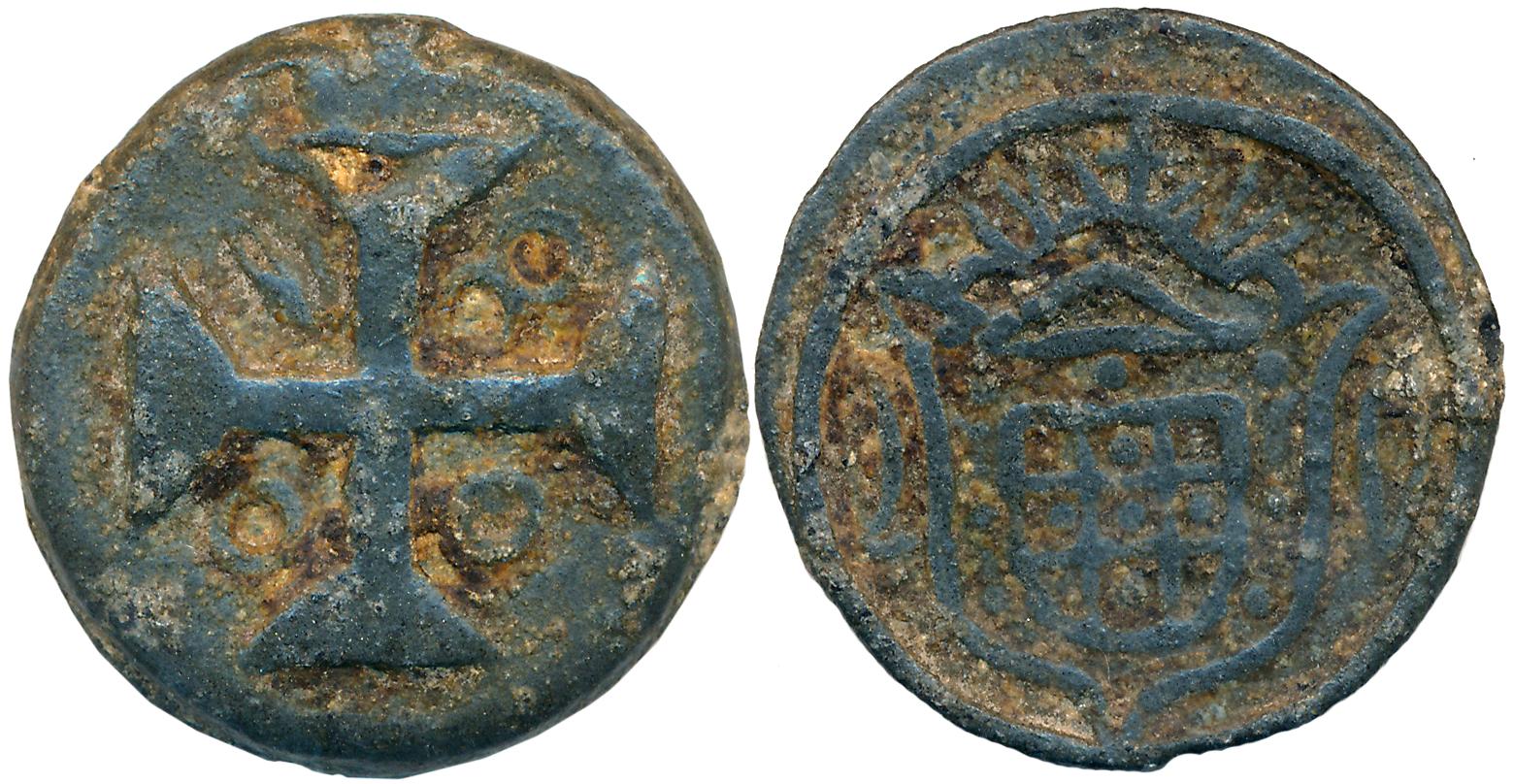 Diu, Maria I, Lead, 20 Bazarucos, 15.51g, 1800, Obv: Crude crowned arms, Rev: Maltese cros