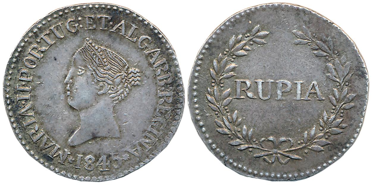 Goa, D. Maria II, Silver Rupee, 10.88g, 1845, Obv: Head to left, legend around Rev: Value 