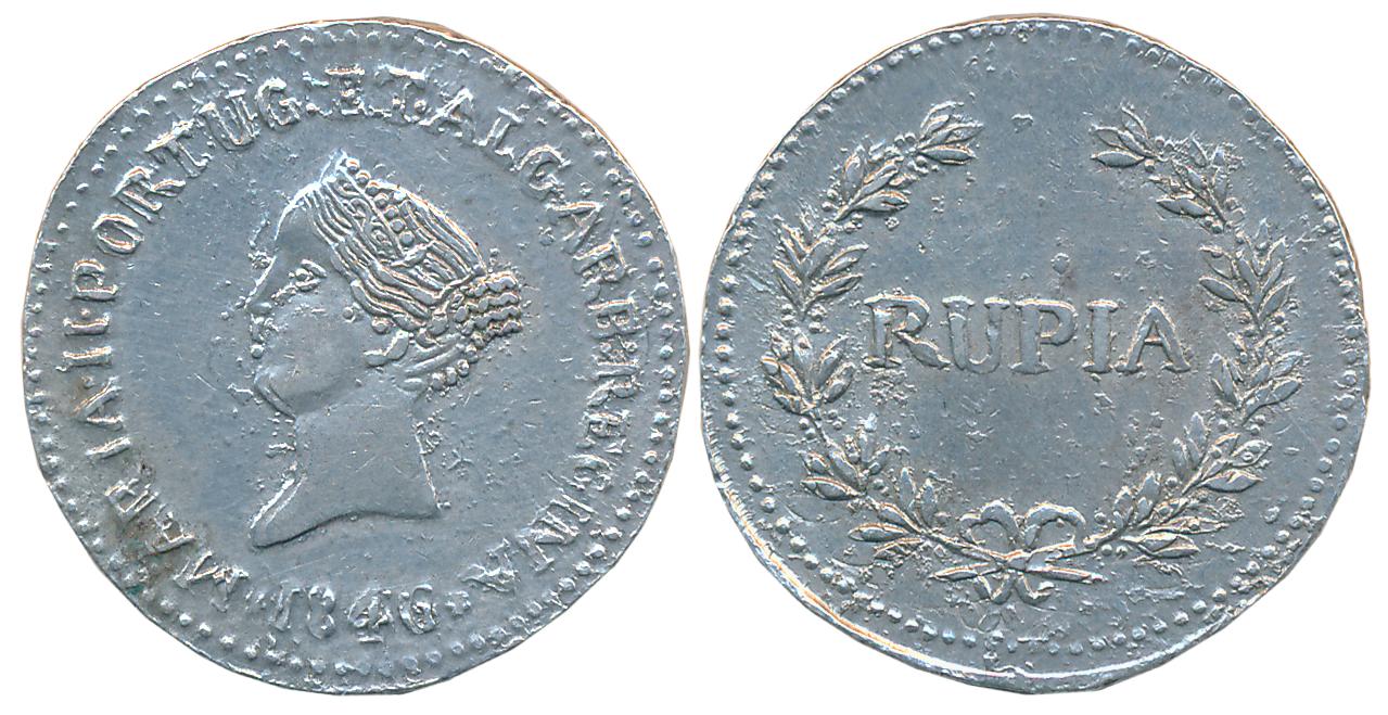 Goa, D. Maria II, Silver Rupee, 10.93g, 1846, Obv: Head to left, legend around Rev: Value 