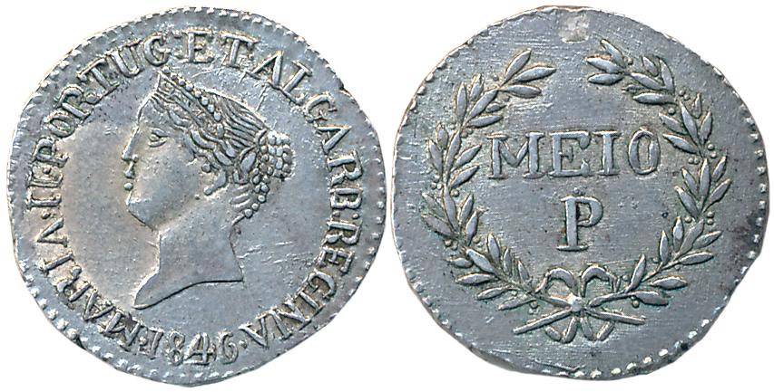 Goa, D. Maria II, Silver 1/2 - Meio Pardao, 2.77g, 1846, Obv: Head to left, date below, Re