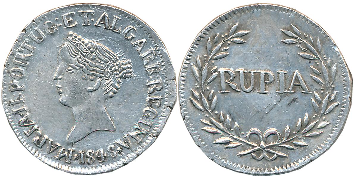 Goa, D. Maria II, Silver Rupee, 10.96g, 1848, Obv: Head to left, legend around Rev: Value 