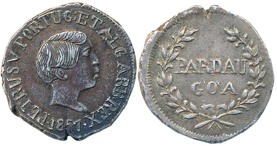 Goa, D. Pedro V, Silver Pardao, 5.60g, 1857, Obv: Head to right, legend around Rev: Value 
