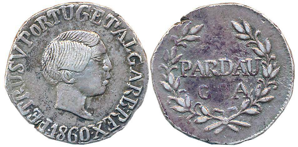 Goa, D. Pedro V, Silver Pardao, 5.50g, 1860, Obv: Head to right, legend around Rev: Value 