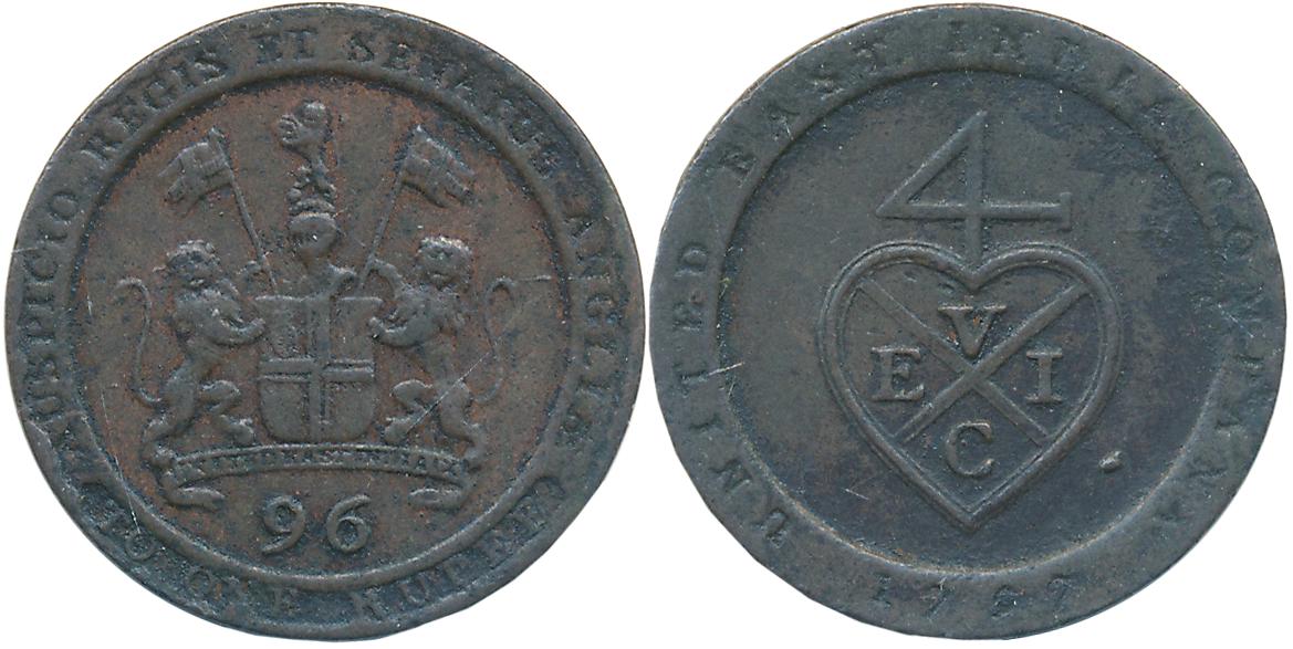 Copper 1/96 Rupee- 1/2 Dub, 7.09g, 1797, Soho Mint, Obv: Coat of arms of the EAST INDIA CO