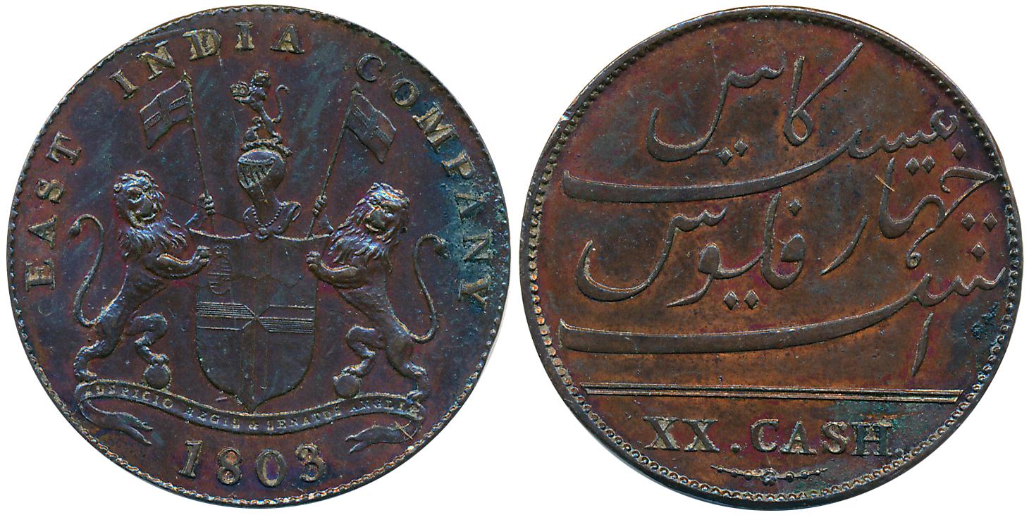 Copper 20 Cash, 12.00g, Heavy Issue, 1803, Soho Mint, Obv: Arms with supporters date below