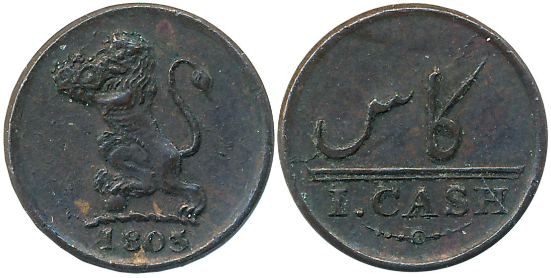 Copper 1 Cash, 0.62g, 1803, Soho Mint, Obv: E.I.Co. Crest, Lion rampant to left, Rev: Valu