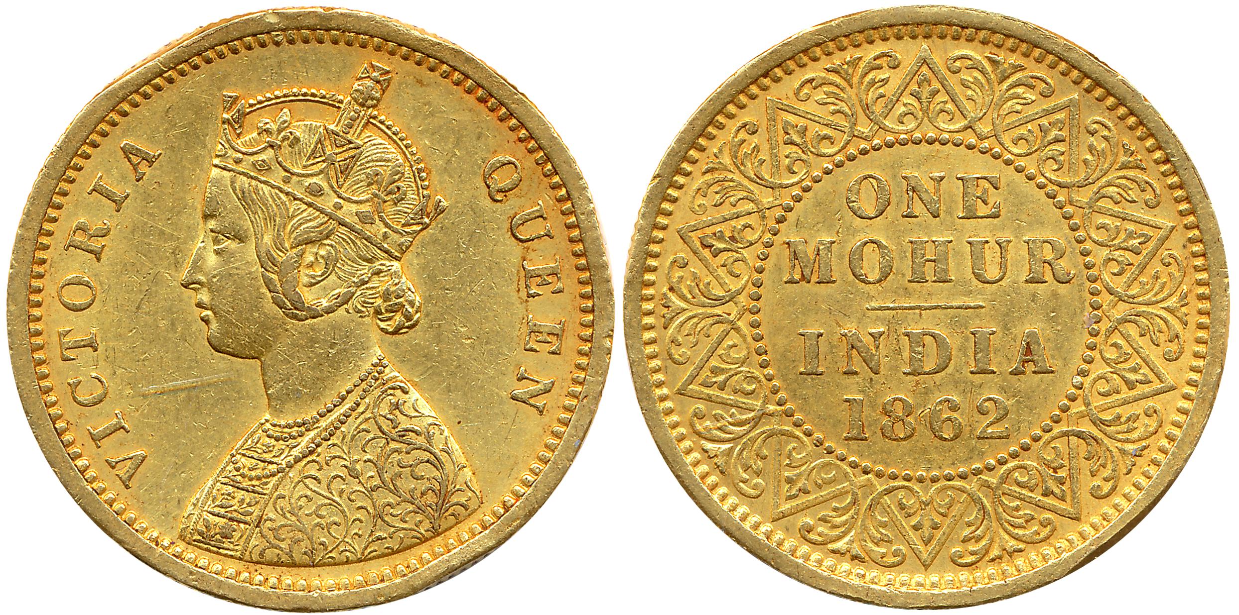 Victoria Queen, Gold, Mohur, 11.66g, 1862, Calcutta Mint, Obv: Crowned & robed bust to lef