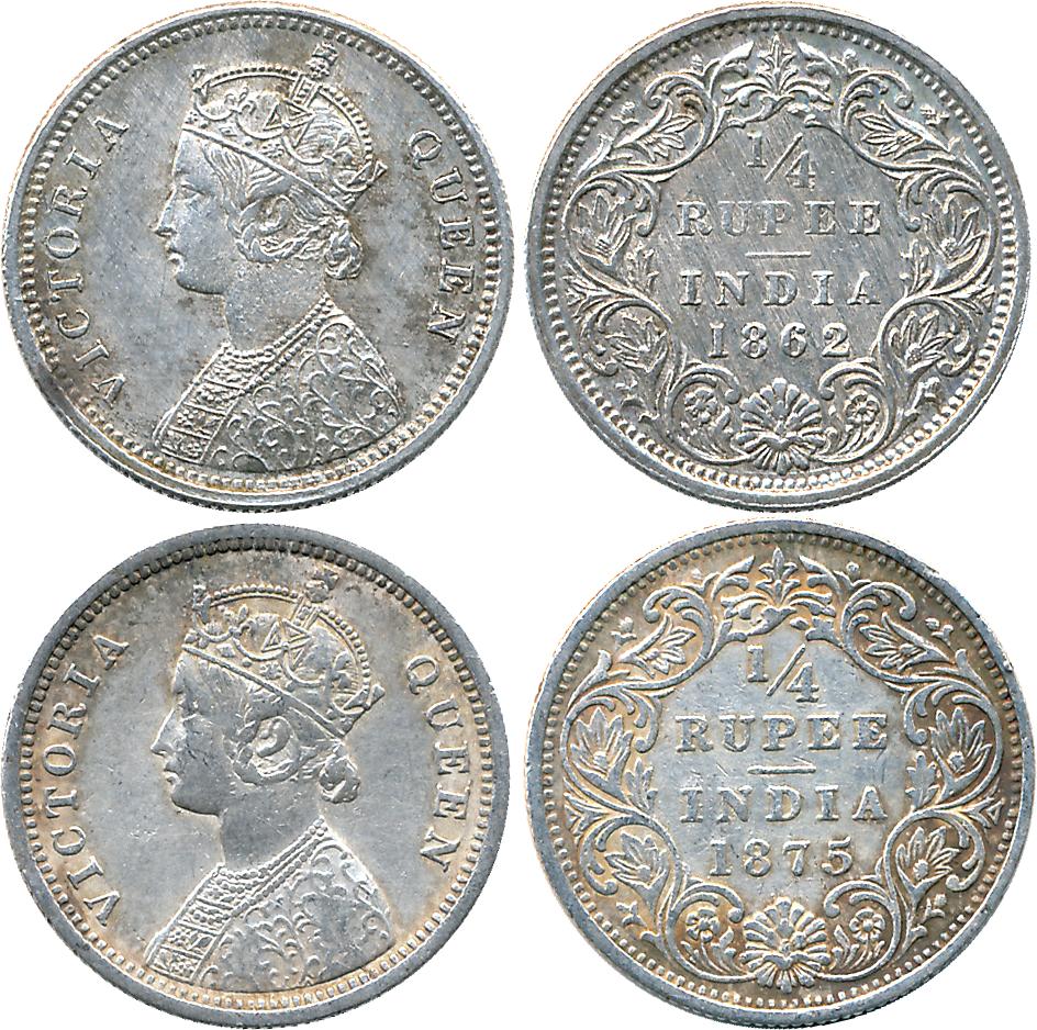 Victoria Queen, Silver 1/4 Rupees (2), 1862, 1875. Very fine to very fine+. 2 coins.