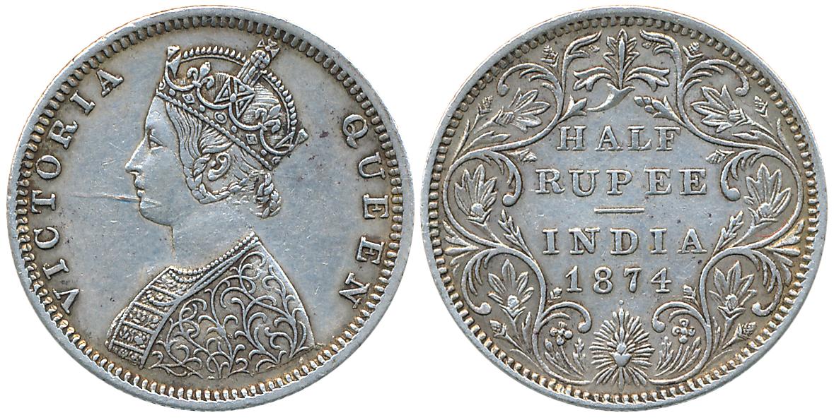 Victoria Empress, Silver 1/2 Rupee, 1874, B2/II/dot. Very fine+, scarce.