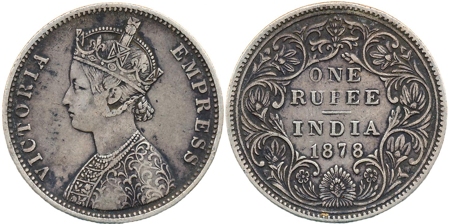 Victoria Empress, Silver Rupee, 1878 A/II/without dot, Bombay Mint. Very fine.