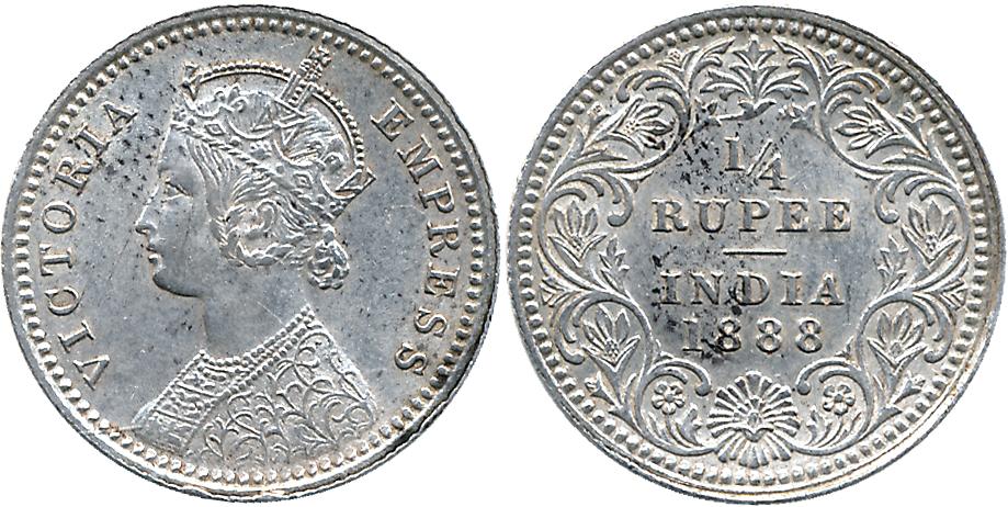 Victoria Empress, Silver 1/4 Rupee, 1888, Calcutta Mint. About extremely fine.