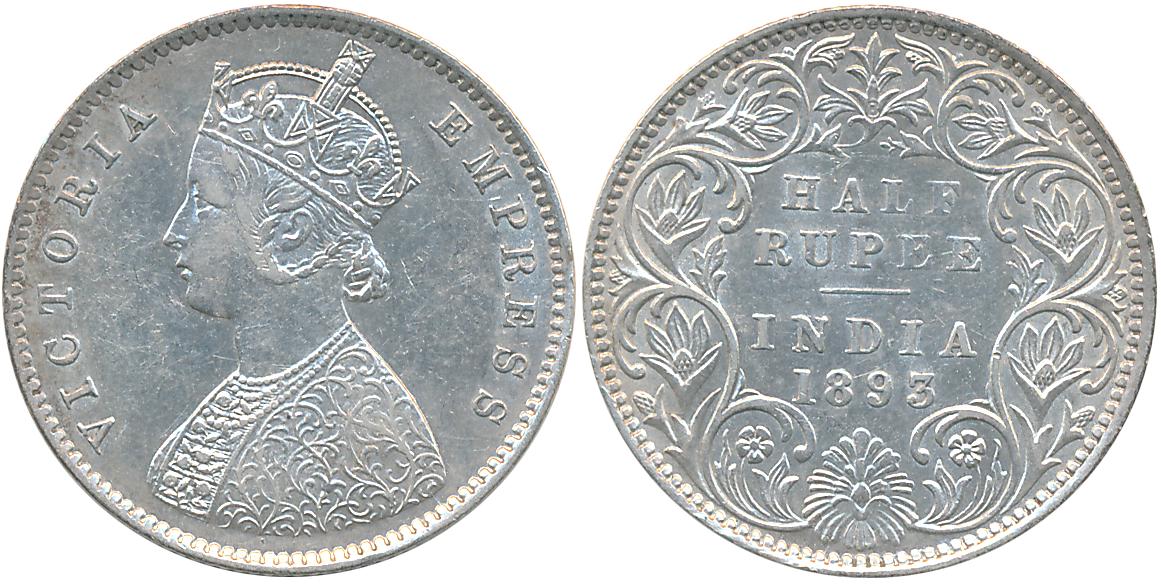 Victoria Empress, Silver 1/2 Rupee, 1893, B incused, A/I. About uncirculated.