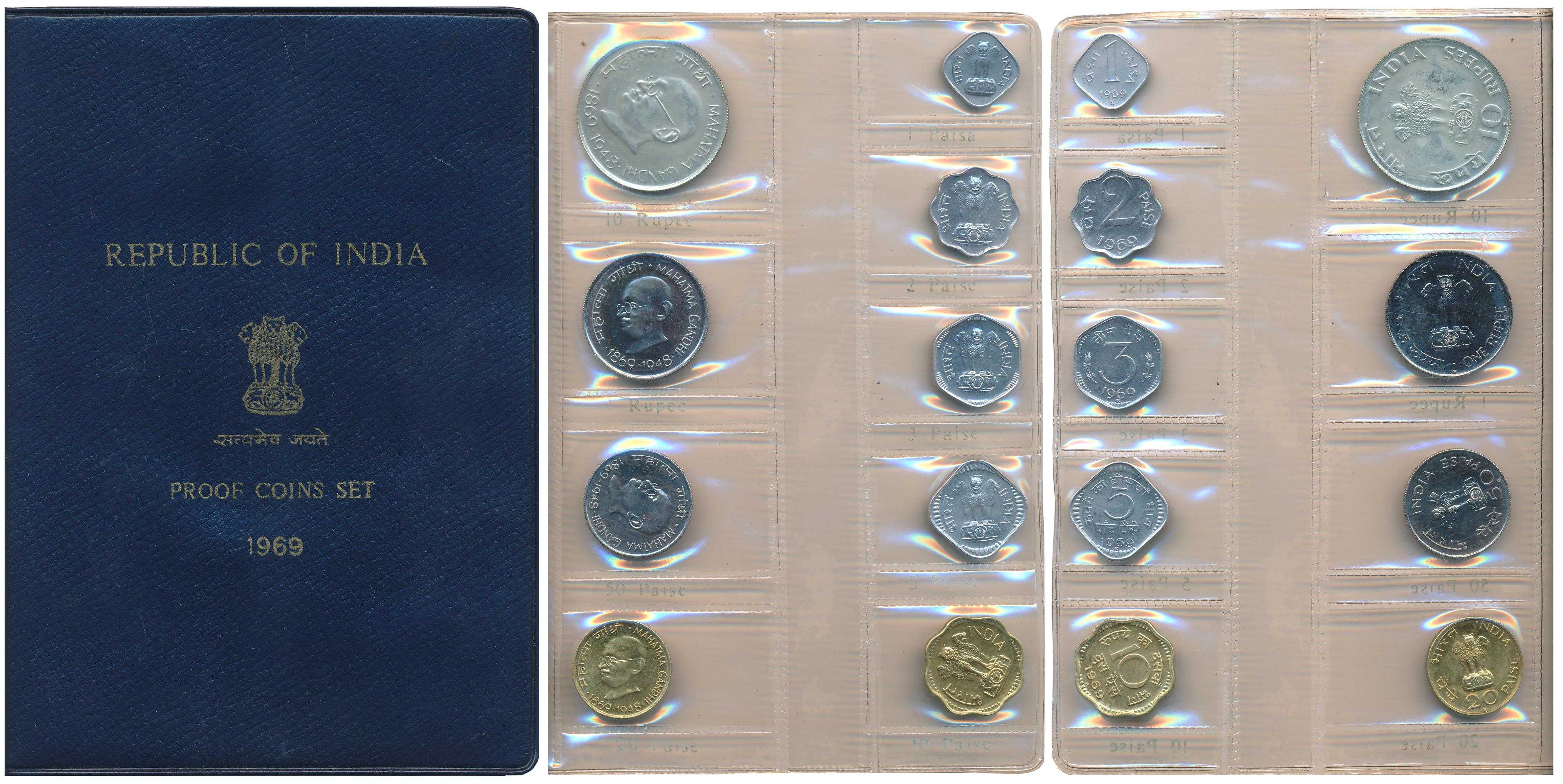 1969, Proof Set of 9, "Mahatma Gandhi Centenary", Bombay Mint, Rupees 10, 1 & Paisa 50, 20