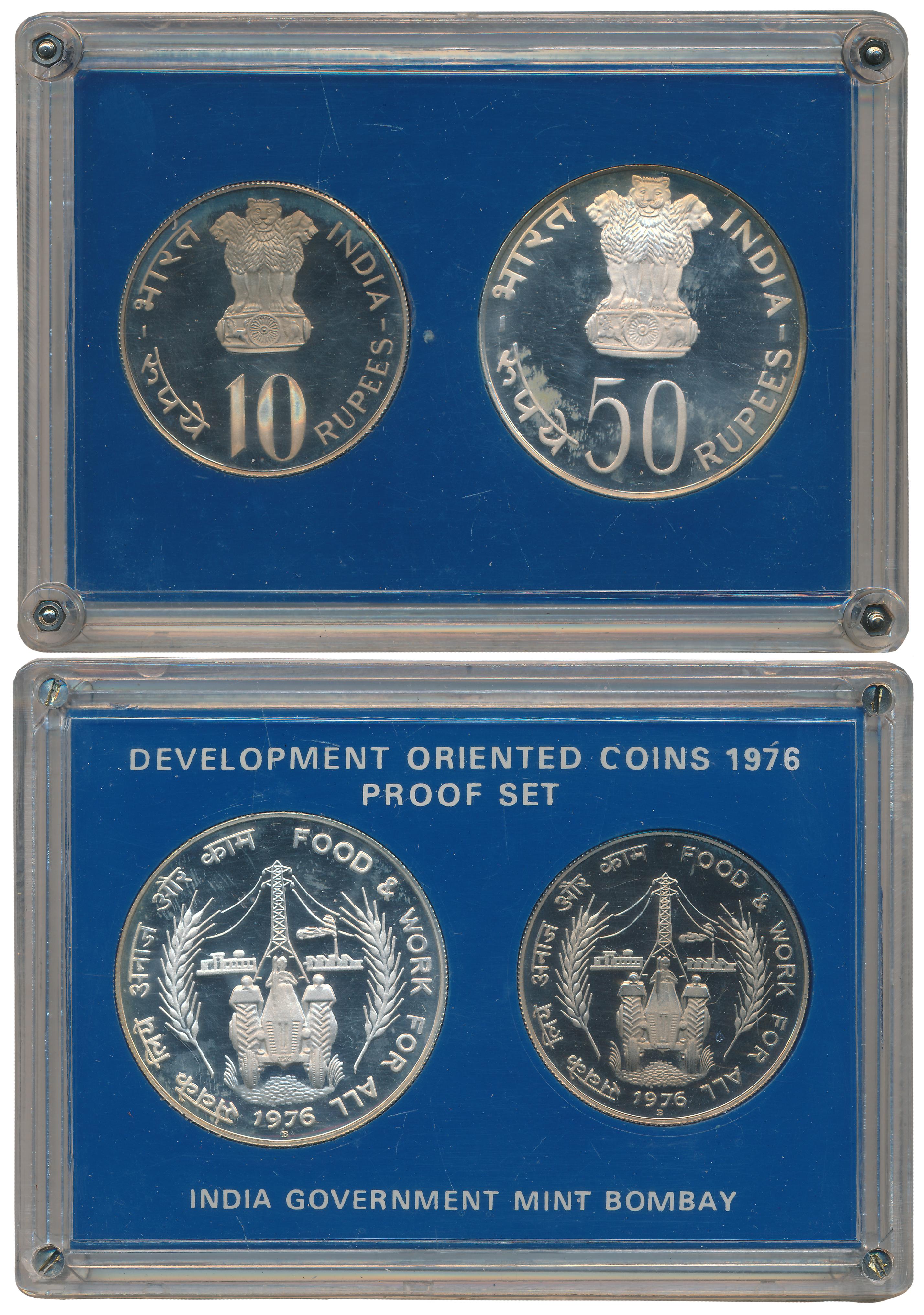 1976, Proof Set of 2, Rupees 50 & 10, "Food & Work for All", Bombay Mint, in acrylic case.